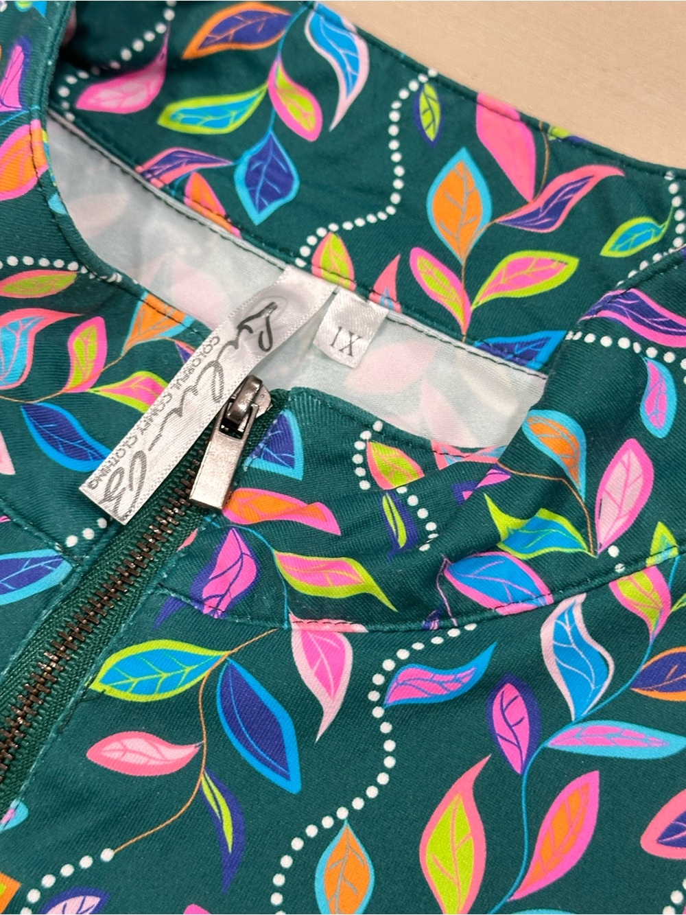 Lulu-B multi-color falling leaf print dress Sz 1X Dark Green 3/4 Sleeve UPF 50+ - Picture 5 of 10